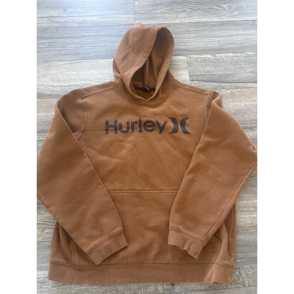 Vintage Hurley Mens Large Brown Logo Fleece Pullover Hoodie Sweatshirt